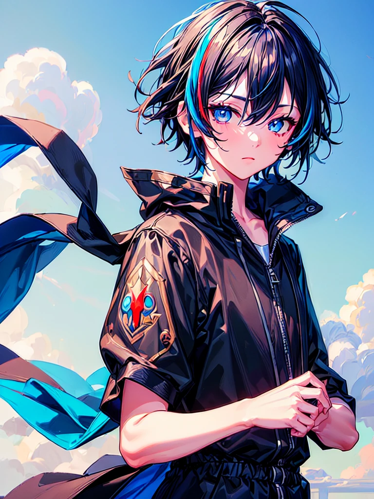 [(SKY BLUE BACKGROUND:1.5),::5], ((((masterpiece)))), high quality, ultra very high resolution, full color, (((solo))), ((little boy)), BLACK hair, ((Blue streaked short hair)), (oriental deepblue eyes), ((anime style)), (upper body), Summer clothes, black parka,