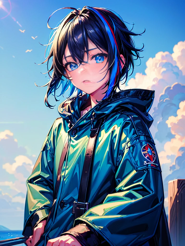 [(SKY BLUE BACKGROUND:1.5),::5], ((((masterpiece)))), high quality, ultra very high resolution, full color, (((solo))), ((little boy)), BLACK hair, ((Blue streaked short hair)), (oriental deepblue eyes), ((anime style)), (upper body), Summer clothes, black parka,