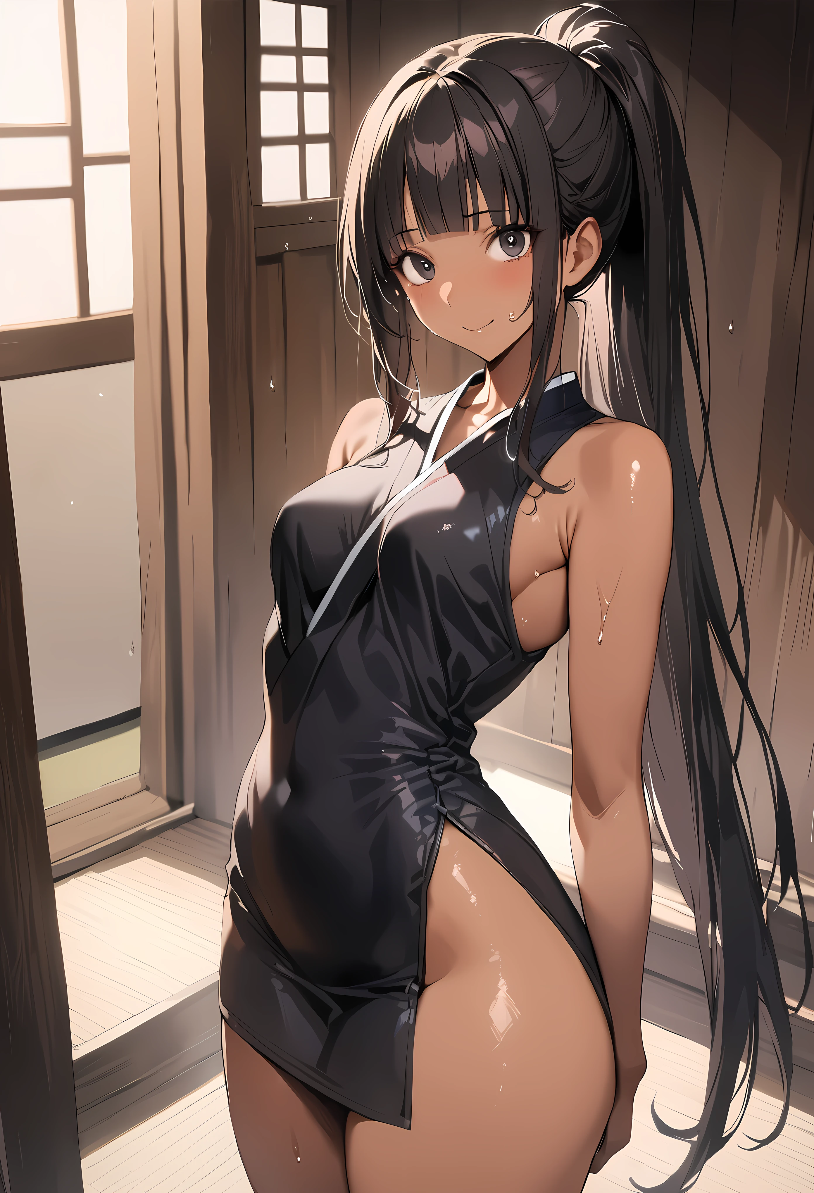 ((masterpiece,best quality anime,Highest quality:1.3)),realistic,cowboy shot,(25 year old beauty),Female Ninja,1woman,solo,((very small head:1.4)),((very long body:1.3)),black hair,bangs,long ponytail hair,gorgeous big eyes,black eyes,smile,(tan skin:1.5),((Black outfit of a Female Ninja,Black kimono、Sleeveless、Black mini skirt)),((slender body:1.3,skinny)),medium breasts,gleaming skin,shiny skin,sweat,standing,Japanese-style house、Japan in the Edo Period、