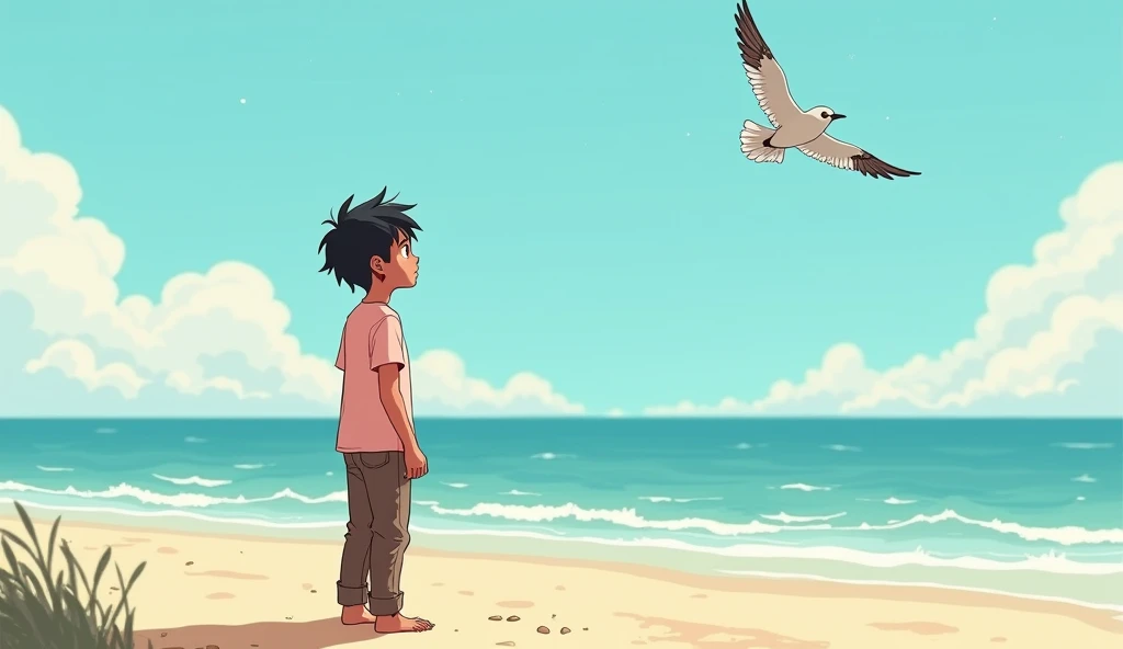 Ali standing alone on the beach, feeling both happy and sad as he watches the bird disappear into the distance.
Ali is a 12 year old  with black hair, wearing light pink shirt and brown jeans.
Birth is of blue colour. And the bird is hurt and have broken wing.