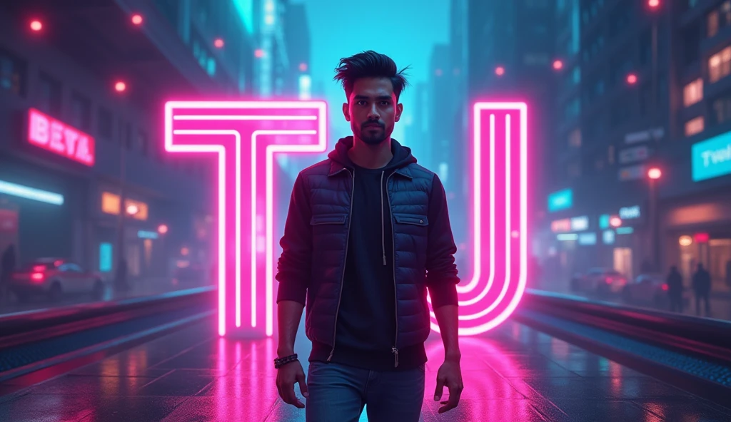 Gaming logo for my youtube channel I am a young Indian man of age 23 with a little beard write TJ on back entering into a gaming world  
