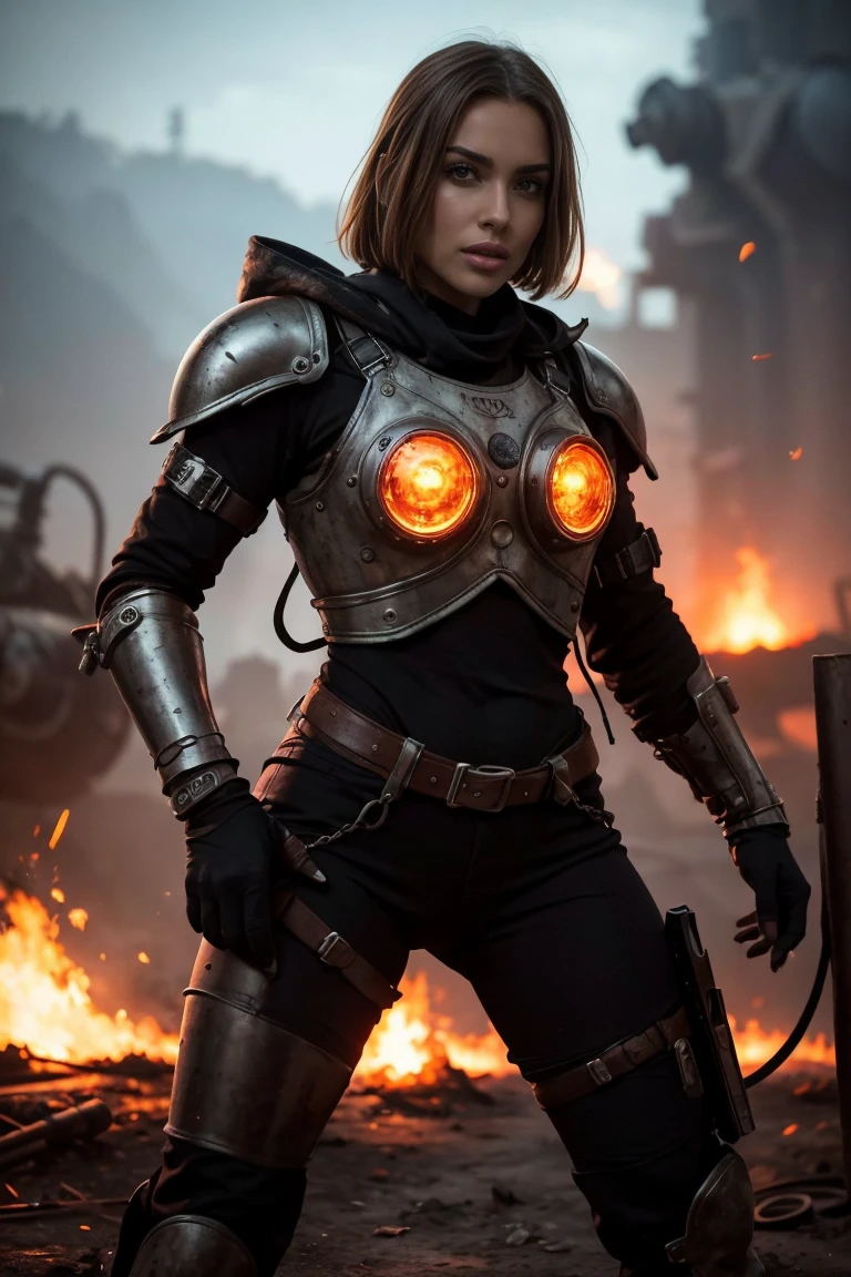 ,full body close up, open legs pose, wearing wastelander leather armor, (influencer,cuerpo atlético y en forma,manos perfectas,manos detalladas,ojos perfectos,ojos detallados,coqueto,sexy,Realista,hdr,HD,dinámica,Retrato,photoRealista,colores ricos y vibrantes,iluminación suave) wasteland landscape background, atomic explossions, fire, smoke, dust, postapocalyptic theme, high details, bizarre machines, rusty machines, rusty buildings,