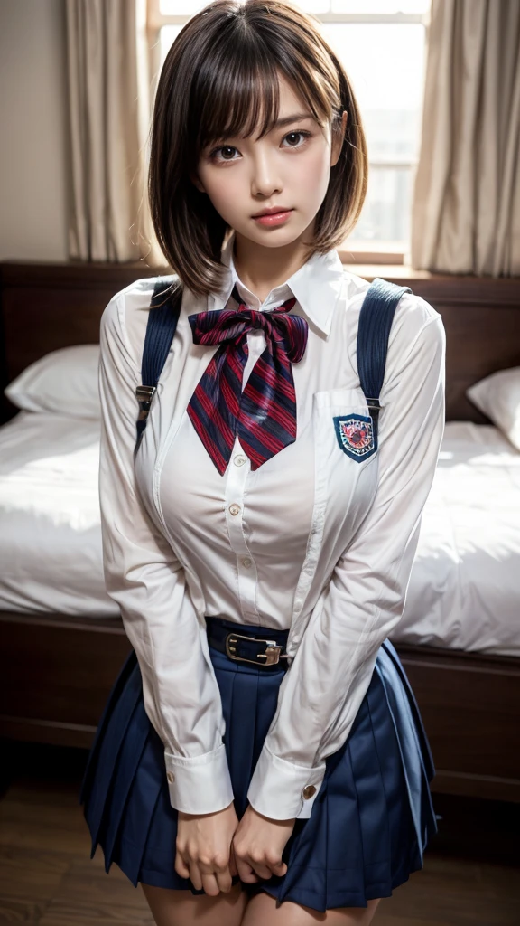 muster piece, best quality, illustration, Super detailed, fine details, High resolution, 8K,wall paper, perfect dynamic composition,(Details High quality, realistic depiction of eyes:1.3), ((2 girls, 2 schoolgirls)), The background is a luxury hotel room、High school girl uniform、blazer 、Super Short Check Uniform Skirt、Navy blue high socks、garterbelts、Colossal tits、Disturbed uniform, Play with each other,Touching each other's bodies,Touching the body of the girl next door, short bob hair, black hair color, huge breasts, Big Natural Color Lip, bold sexy pose, (perfect body shape), crying a little、cold gaze, Harajuku style、20 year old girl、 beautiful legs, hposing Gravure Idol, Voluptuous thighs