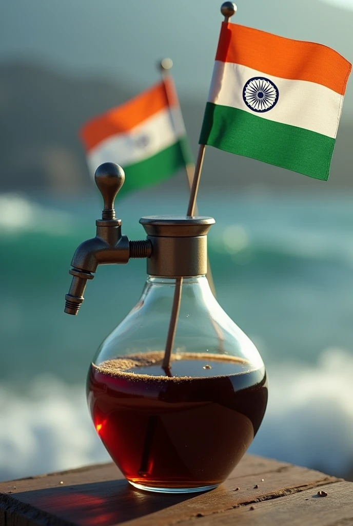 A bottle of coffee in glass bottle named Tsunami which has metal tap and holding a indian flag in hand