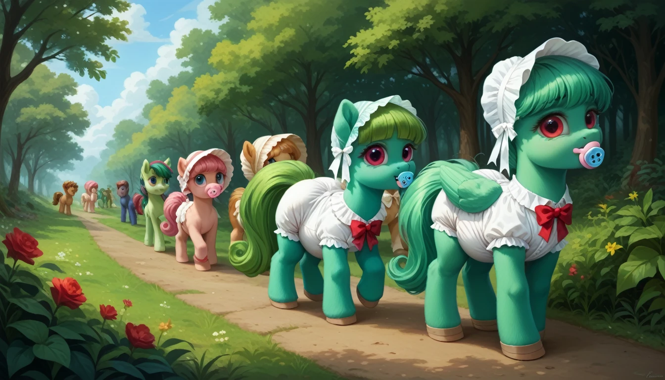 pony, Pegasus, adult filly, emerald green fur, a lush mane, gathered in a bonnet, a fluffy tail with a bow, stands on four hooves, rear hooves spread wide apart, dressed in a bodysuit and booties, pacifier in mouth, solo, thick diaper under clothes.
