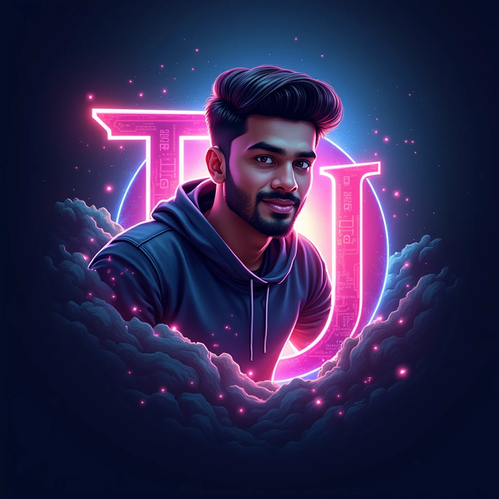 Gaming logo for my youtube channel I am a young Indian man of age 23 with a little beard write TJ on back entering into a gaming world