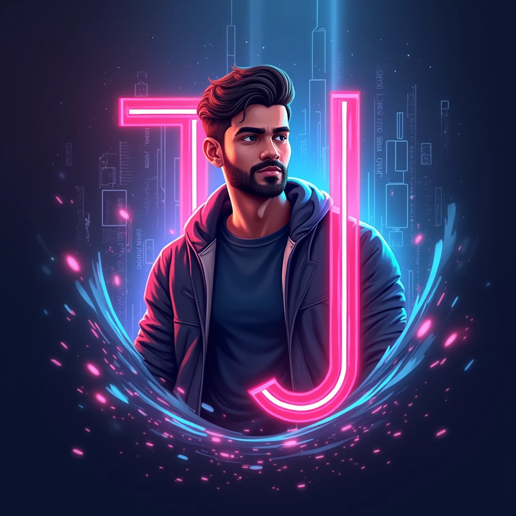 Gaming logo for my youtube channel I am a young Indian man of age 23 with a little beard write TJ on back entering into a gaming world  