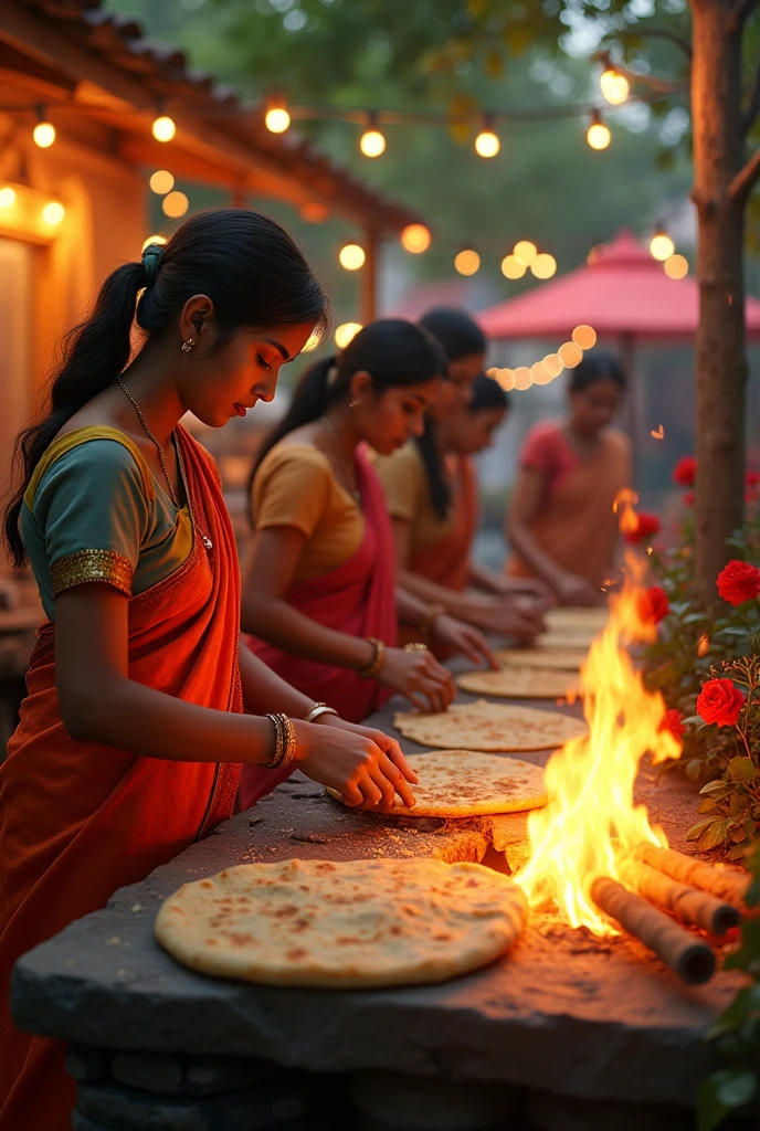 Many beautifull young girls, making food on wood fire, they make paratha paneer, for sell on shop, near the flower girden, twinkle lites comes 