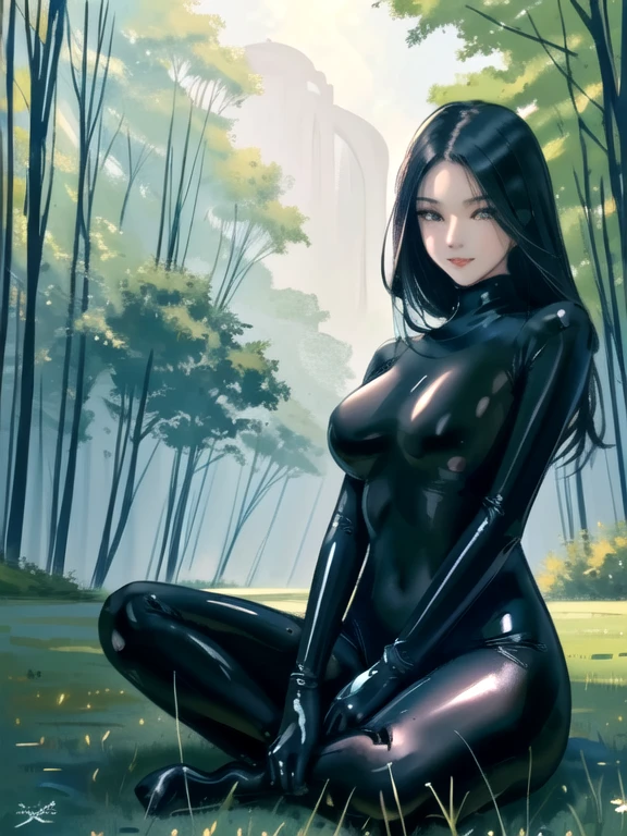 best quality, masterpiece, anime style, arafed girl sitting on the grass in a park, zentai suit, Full body black polyamid suit, ((He wears a Polyamid materials, form-fitting, all-over black zentai suit.)), Long gloves, ((He also wore black Polyamid gloves.)), long socks, ((Wearing tough-looking black Polyamid long socks)), Black metallic latex sweatsuit posing with open legs, black Polyamid material sweatsuit with hidden skin, sp3ndex, sp3ndexgloves, 1 solo girl, 25 years Old, (Sugar mommy), (Sensual Lips), beauty face, (White Skin), nice beauty eyes, perfect face. Asian girl. Smile. curve body, Beautiful woman with perfect figure:1.4, figure meditating close shot, sitting pose, sitting on green grass, Girl in catsuit suit, full of sweat, Full breasts, Polyamid spandex suit, catsuit, latexconcept, bodysuit, skin tight, latex, black bodysuit, latex bodysuit,