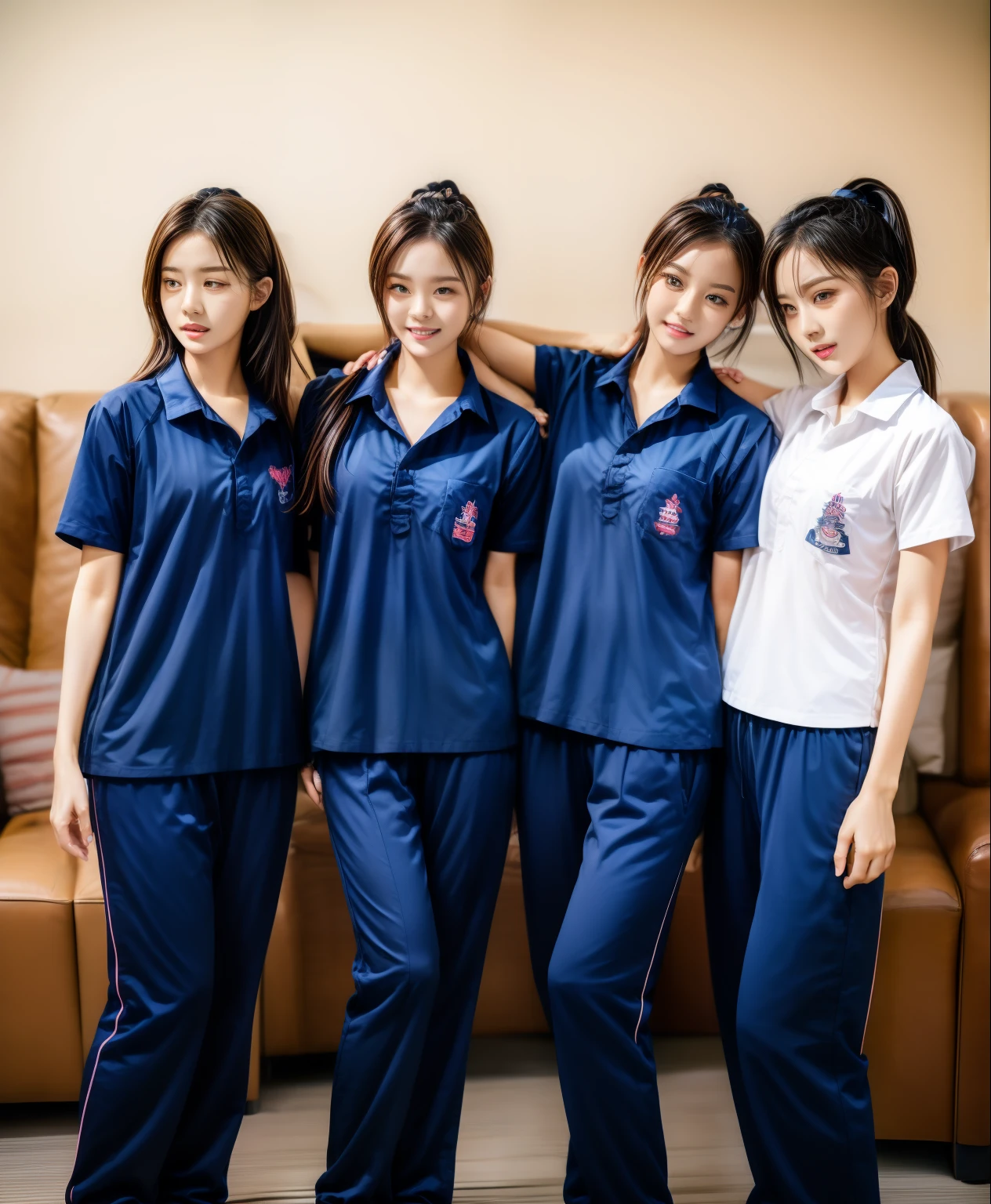 3 girls lie about on sofa living room, Navy blue short-sleeved shirt,Navy Long Trackpant,Sweatpants, Sweatpantsขายาว,25 year old girl, lesbian, sexy, exercise clothes, wet body, exercise clothes