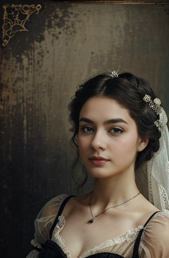 This carefully crafted Victorian memento mori photograph is a remarkable discovery., showcase a young and beautiful woman dressed in a pristine white gown, beautifully adorned with black lace and withered blooms. The ethereal beauty,、lying in a luxuriously decorated, velvet-draped coffin。, surrounded by a faded bouquet, embodies the desolation of a death's embrace. This image exudes an antiquated feel, the allure of the antique, The delicate sepia tones and subtle blue hues. The melancholic and introspective mood pervading the photograph、reflects the essence of the art of memento mori。