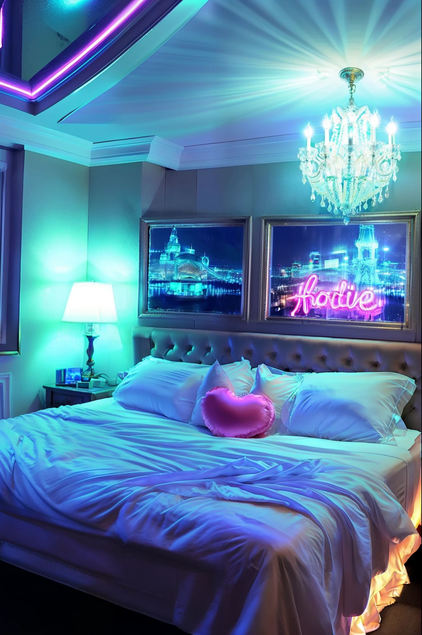 ((Love Hotel)) ,realistic, best quality, masterpiece , ((soft lighting)), heart, no humans, silk, bedroom, reflection,night, mirror, pillow, no humans, window, bed, table, curtains, ((a romantic scene)) RAW photo, (high detailed), dslr, high quality, (ultra realistic), Fujifilm XT3,clubhouse, purple, ceiling light, dramatic lighting,shape of heart, neon light,