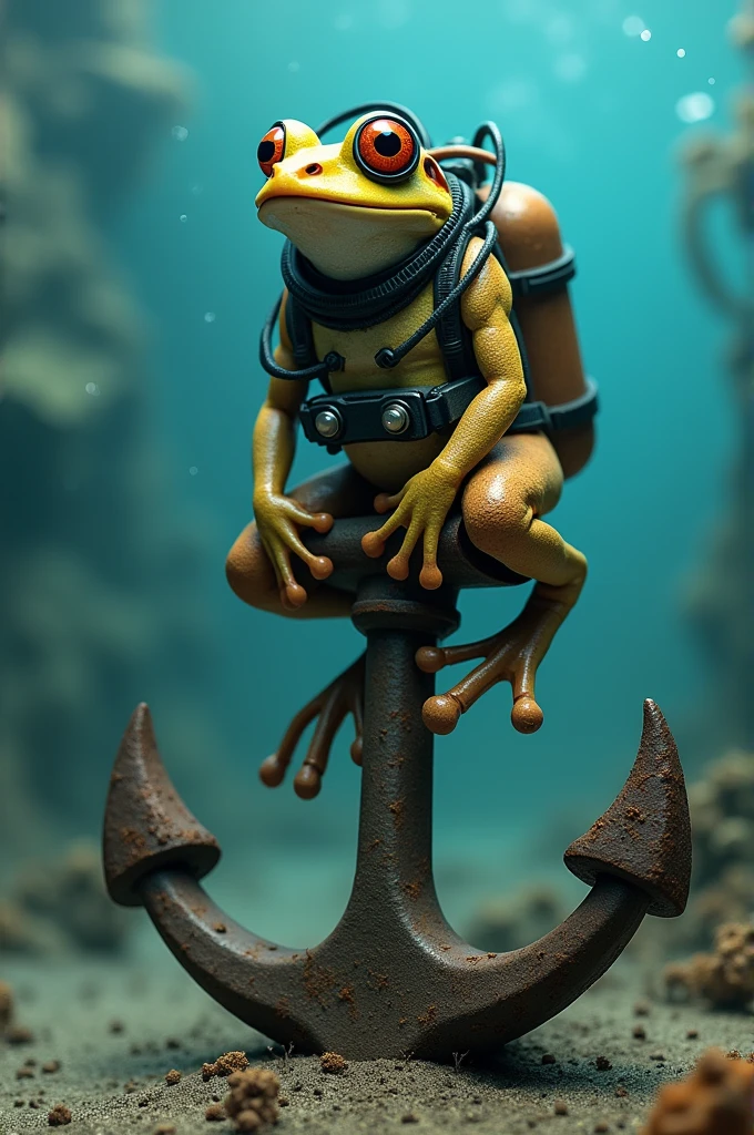 Grenouille en tenue de plongeur sur une ancre