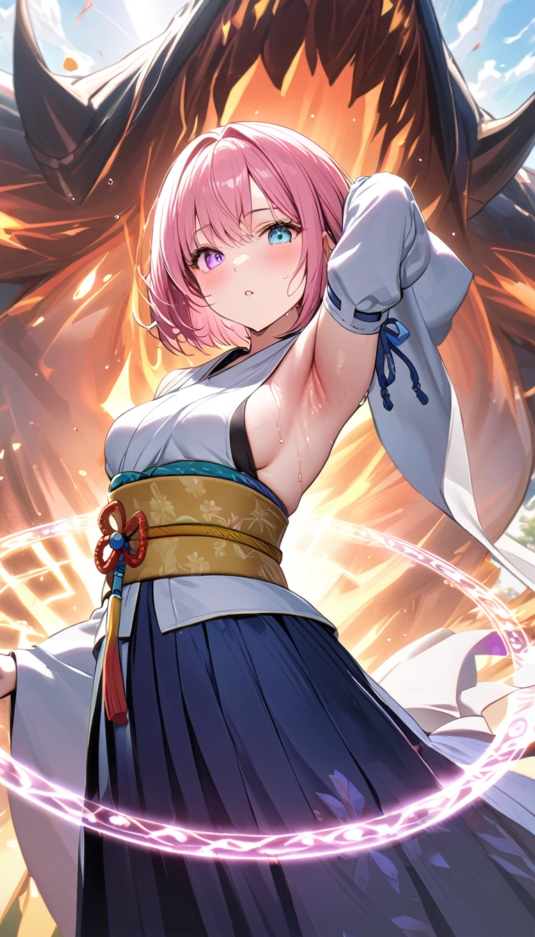 (1 girl),(Best Picture Quality, 8K, Masterpiece:1.3), (high school student:1.5), ((pink lob hair:1.1)), (bob cut),(swept bangs), (cute eyes, pupil black, iris skyblue, youthful face), (mole under right eye), (standard weight), (small breasts), (glistening skin:1.3),(pale skin:1.2),(sweaty skin:1.2),BREAK YunaX, heterochromia, detached sleeves, japanese clothes, sash, obi, hakama skirt, purple hakama,BREAK ((showing armpits)),(luminous magic circle ground),BREAK (Monster, Gigantic Summon, Summoning Moment, Summoned Beast's Features),