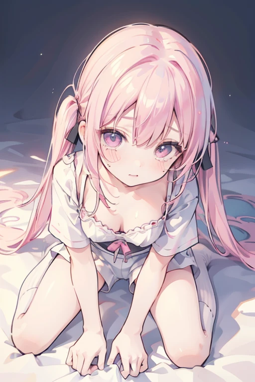 (high quality, 8k, 4K, High Contrast, masterpiece:1.2, 最high quality, Best aesthetics), 1 person, (Realistic skin texture:1.3), (Film Grain:1.3), (Top view),（The cleavage is showing.）、Loose chest、 F cup breasts、Beautiful and detailed eyes and face、White bra、White shorts、Love Hotel、On all fours、Sweating、Pink Hair、Short Twin Tails、Embarrassed face、Blushing、Mouth open、Looking up、Crying face、Spread your legs、Knee socks