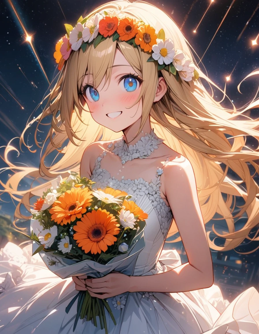 1 idol,solo,,holding a bouquet,amazing quality, aesthetic, aesthetic,ultra-detailed face,detailed eyes,round eyes,blue eyes,blonde hair,long hair,gerbera decoration bareding dress,Gerbera flower crown,smile,Gerbera garden,Meteor shower,((hart effect)),highly detailed illustration,masterpiece,8K,top quality