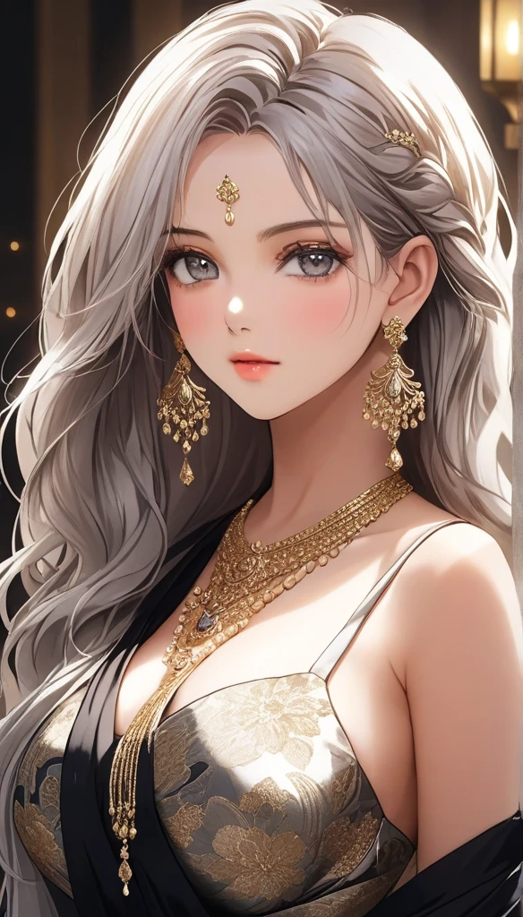 A beautiful woman with long white wavy hair, grey eyes, wearing an ancient various designer saree, extremely detailed hair, extremely detailed eyes, extremely detailed body, (best quality,4k,8k,highres,masterpiece:1.2),ultra-detailed,(realistic,photorealistic,photo-realistic:1.37),detailed long drop dangle earrings, saggy breasts, elegant, intricate, cinematic lighting,long chain necklace,