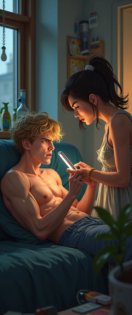 digital art, western artstyle, 21 years old angry man lying on the couch with a smart phone in his hands, angry women grabing smartphone out of his hands,messy blonde hair, fit tall women, 20 years old woman, deep green eyes, anime beautiful face, musculatupony tail haircut. deep brown hair, she is weariing informal full dress, digital art, best quality, 8k, award winning, super detail, masterpiece, UHD, she see his face , anime boy 
