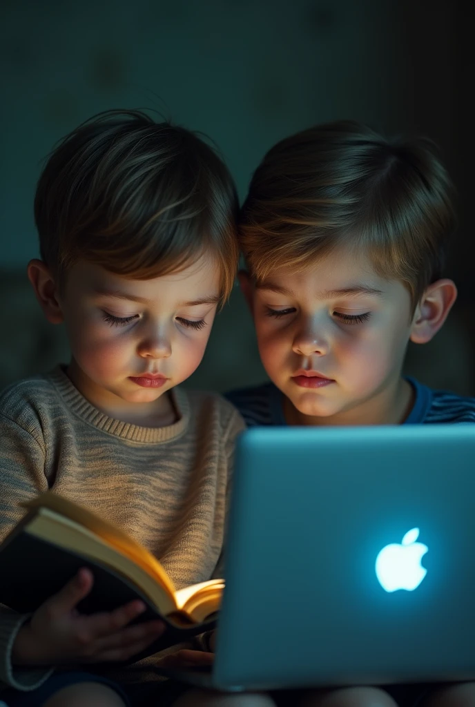 Create me an emotional picture about the other child holding a worn book while the other holding a laptop