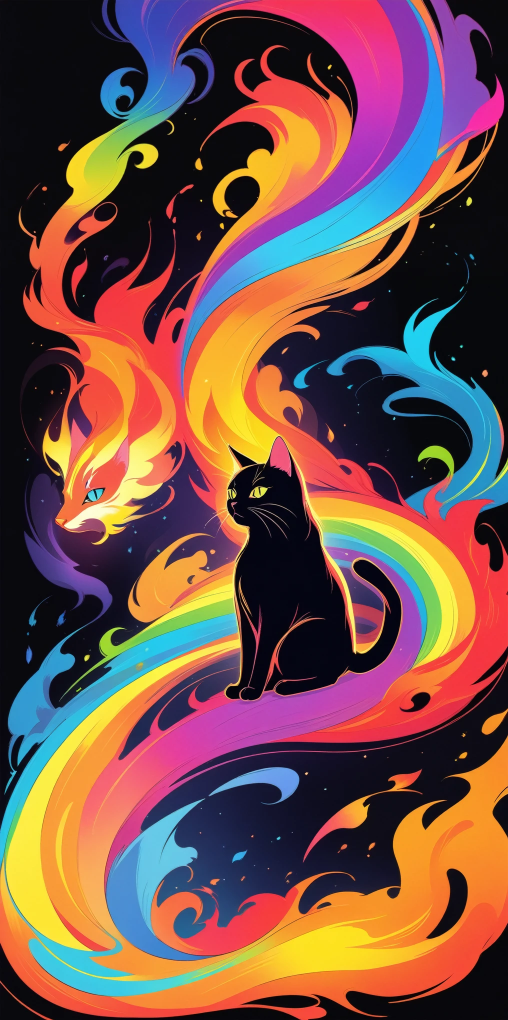 A colorful neon rainbow smoke of a cats on the fire, an ethereal flame from cats, vibrant colors, in the style of vector art, isolated on a black background with no shadows in the anime. --s 800 --style raw --niji 6,
