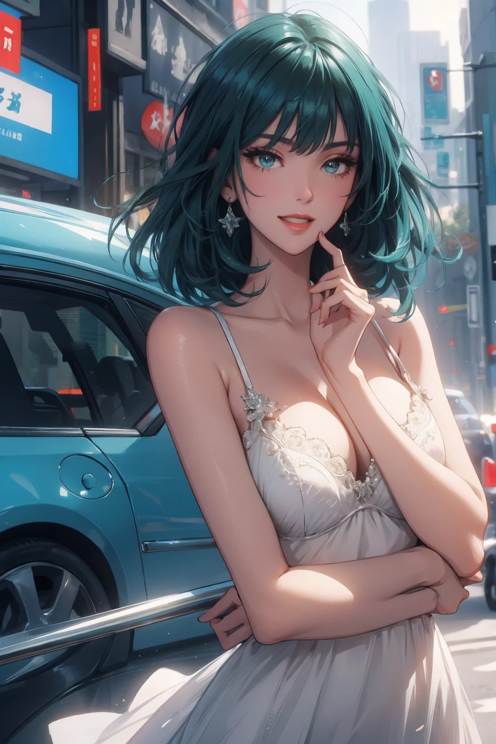 1girl,a beautiful fashion model ,(masterpiece, detailed background, best quality),short and shiny hair, blue green hair, hair with highlights, bangs, smirk,juicy lips,red lips, calmart, lingerie, stripping, elegant makeup, blue eyes, full body shot, (shiny skin), cyberpunk, sci fi, boa, extravagant jewelry, cocky expression, covered in jewelry, fancy, white dress, (laughing, hand covering mouth, smug, discrete laughter)