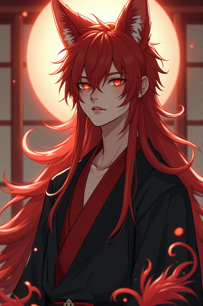 Create a 20-year-old man who is 1,76, who has long red hair and red eyes, who wears Japanese clothing and is a kitsune
