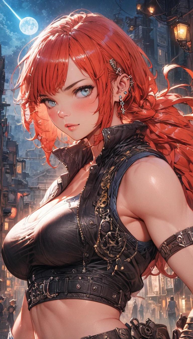 best quality,4k,8k,highres,masterpiece:1.2),ultra-detailed, extremely detailed eyes, extremely detailed body, (large masterpiece digital art), (detailed manga illustration), (detailed line art), ((perfect anatomy)), (intricate details:1.3), (ultra-detailed:1.3), (illustration:1.3), (sharp focus:1.3), (natural lighting:1.05), (vivid colors:1.3), (masterpiece), (best quality:1.4), (perfect anatomy:1.4), high quality, expressive eyes, full body, detailed face, beautiful face, perfect face, 1 girl, muscular, tall girl, large breasts, long hair, light brown hair, straight hair, low ponytail, detailed hair, ((casual clothes)), grey t-shirt, (vest), open vest, (blue pants), denim pants, pale skin, aquamarine eyes, splash art, curvy, black combat boots, cinematic lighting, dramatic atmosphere, Atey Ghailan, Jeremy Mann, Greg Manchess, Antonio Moro, trend in ArtStation, trend in CGSociety, Intricate, High Detail, Sharp focus, dramatic and photorealistic painting art by Midjourney and Greg Rutkowski, Jeff Bridges, ((cartoon style)), Marvel Cinematic Universe style, (((Night sky in the background))),