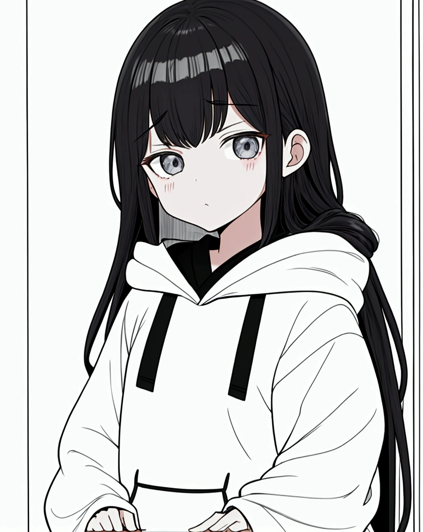 Young girl aged 10 with black bobbed hair wearing a black oversized hoodie. Japanese animation character. Background is the president's office. He is looking at us with a quizzical expression. His body is slightly tilted to the far right.