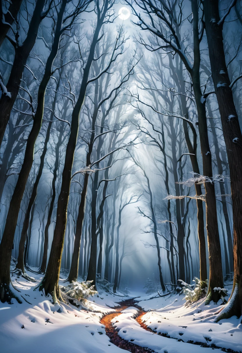    Forest in big snowstorm under moonlight. Snow covered forest. Tree shapes distorted. Heavy snow. Moonlight shines through gaps in trees. High dynamic range., Ultra high quality, The eerie atmosphere of the Tyndall Effect studio lighting is surrounded by thick fog. Foggy environments convey a sense of mystery and suspense Stunning Tyndall effect Ethereal glow Detailed portrayal of a surreal dream-like world Sharp focus, Limit depth for writing, Best shadow, Perfect light, High Dynamic Range, Realistic textures, Ultra-detailed background wide-angle shots