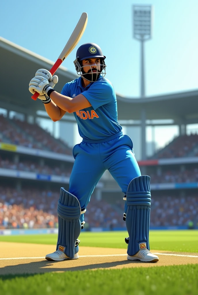 Generate an image of a virat kohli, athletic male cricket player. He should have a medium complexion with short black hair and a neatly trimmed beard. The player is wearing a plane skyblue jersey with no logo, holding a cricket bat, and standing on a cricket field with a stadium in the background. The scene should capture the intensity of a live match, with the player focused and ready to bat, under bright daylight, with a crowd of fans cheering in the background