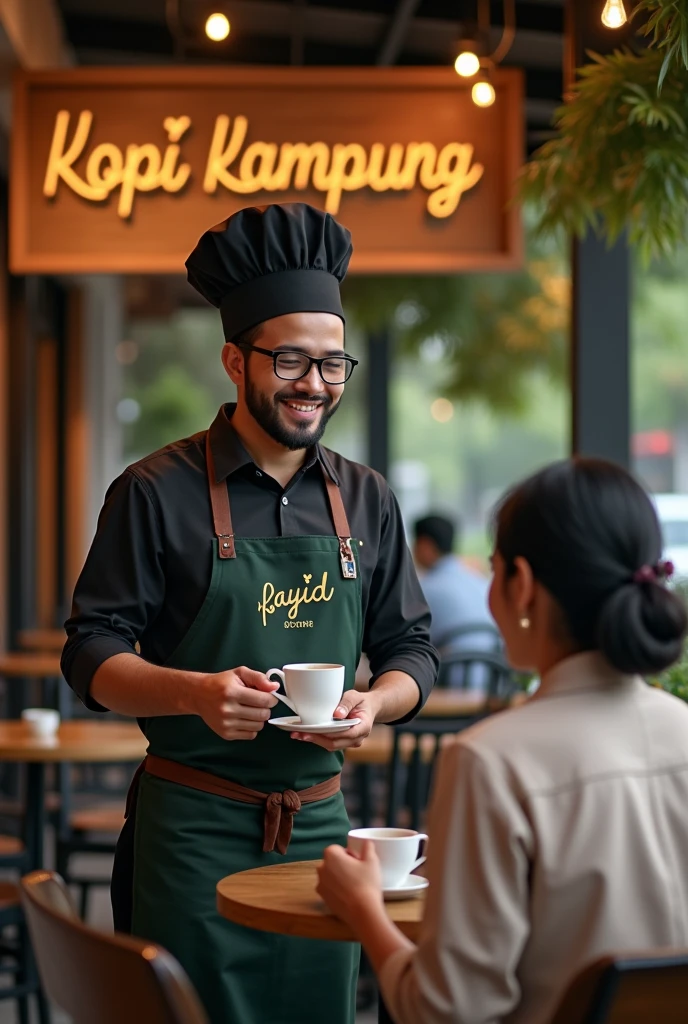 Image mode landscape wide view, created a hensom man with a slightly medium body, glasses, Malay face, 27 year, very little short, thin, and neat beard and mustache. Barista shirt and chef skull hat, he was a restaurant waiter who delivered a cup of warm coffee to are beautiful Malay women hijab, glasses, sitting are chair and facing camera, The Barista Shirt making word Gold inscription "payid", the background is outside village cafe.hanging a signboard behind the man that say 'Kopi Kampung' text style, the image is very detailed, super HD