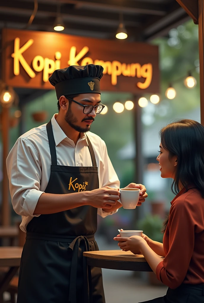 Image mode landscape wide view, created a hensom man with a slightly medium body, glasses, Malay face, 27 year, very little short, thin, and neat beard and mustache. Barista shirt and chef skull hat, he was a restaurant waiter who delivered a cup of warm coffee to are beautiful Malay women hijab, glasses, sitting are chair and facing camera, The Barista Shirt making word Gold inscription "payid", the background is outside village cafe.hanging a signboard behind the man that say 'Kopi Kampung' text style, the image is very detailed, super HD