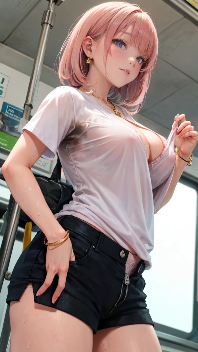 ((NSFW))、(masterpiece, Highest quality:1.3), (Super detailed:1.2), (hyperRealistic:1.3), (RAW Photos:1.2), High-definition RAW color photos, Professional photos, (PhotoRealistic:1.4), (Realistic:1.4), (Pink Hair:1.5), Professional Lighting, Perfect Anatomy, (Big Breasts:1.2), (blush, Detailed face),Earrings, necklace, Gold bracelet, (Slim body、Are thin、Model body type、Beautiful long legs), (White tight t-shirt、Open chest、Shorts、Zipper fully open、Low rise、金のEarrings、:1.3)、To the tips of the feet、(((Sweat)))、((Sweatで濡れた肌、My hair is wet))、Double teeth、(smile)、(((Body odor)))、(((Bad body odor)))、((pubic hair、I can see the vagina))、(((Yamanote Line、crowded train)))、(((Love juice drips)))、Hold on to the strap、((Angle from below))、(((Masturbation)))