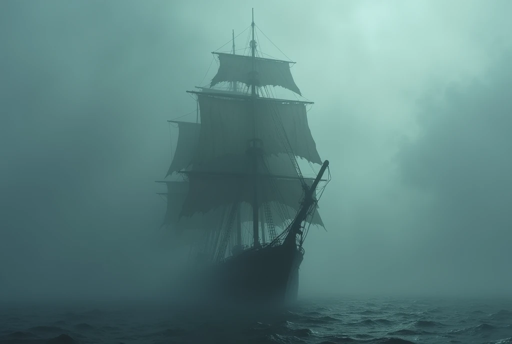 a ship emerging from fog, large fog, dark waters, ghost ship,