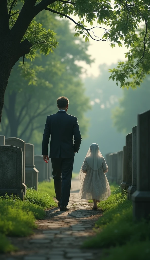 "The final image shows the husband walking away from the grave with a serene expression, symbolizing the deep love and sacrifice he made to keep his wife happy until the very end."