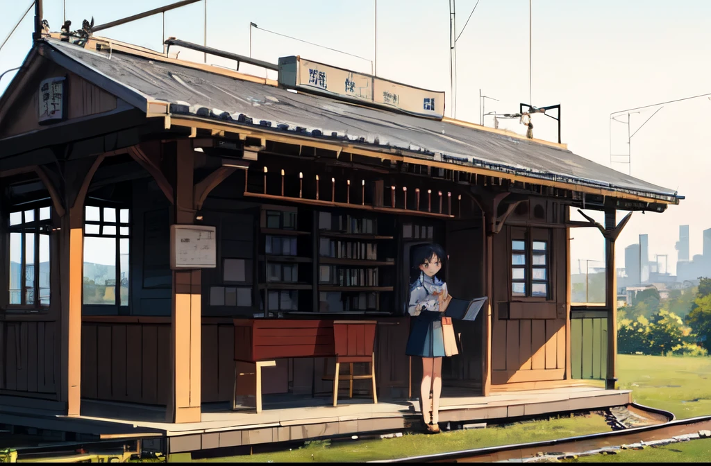 Two Girls、Detailed face、Beautiful face、Standing posture、Station platform、line(railway)Character standing on top、Social game style illustration、Conductor's uniform、character with a camera、Characters holding books、railwayの全体図、ruins、Serious character、不Serious character、Old station