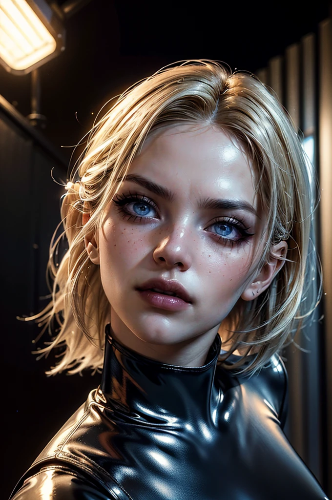 cowboy shot,a pretty 21 year old girl,blond hair,blue eyes,lora_Emma,slim athletic body,tight and stretched white blouse with buttons,button gap,short sleeves,pokies,ultra low rise black shiny latex pants,metal belt,empty studio,(best quality,4k,8k,highres,masterpiece:1.2),ultra-detailed,(realistic,photorealistic,photo-realistic:1.37),dramatic lighting,cinematic,fashion photography,studio lighting,high contrast,vivid colors,beautiful detailed eyes,beautiful detailed lips,extremely detailed eyes and face,long eyelashes, touching hair