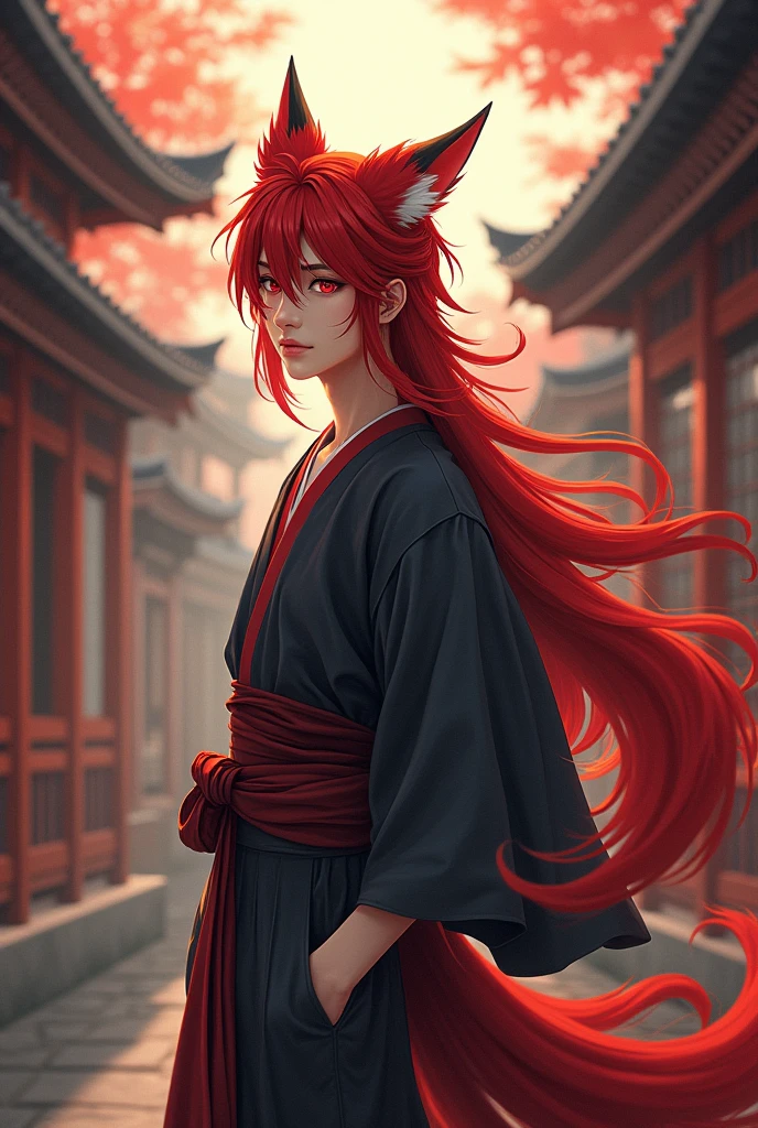 Create a 20-year-old man who is 1,76, who has long red hair and red eyes, who wears Japanese clothing and is a kitsune