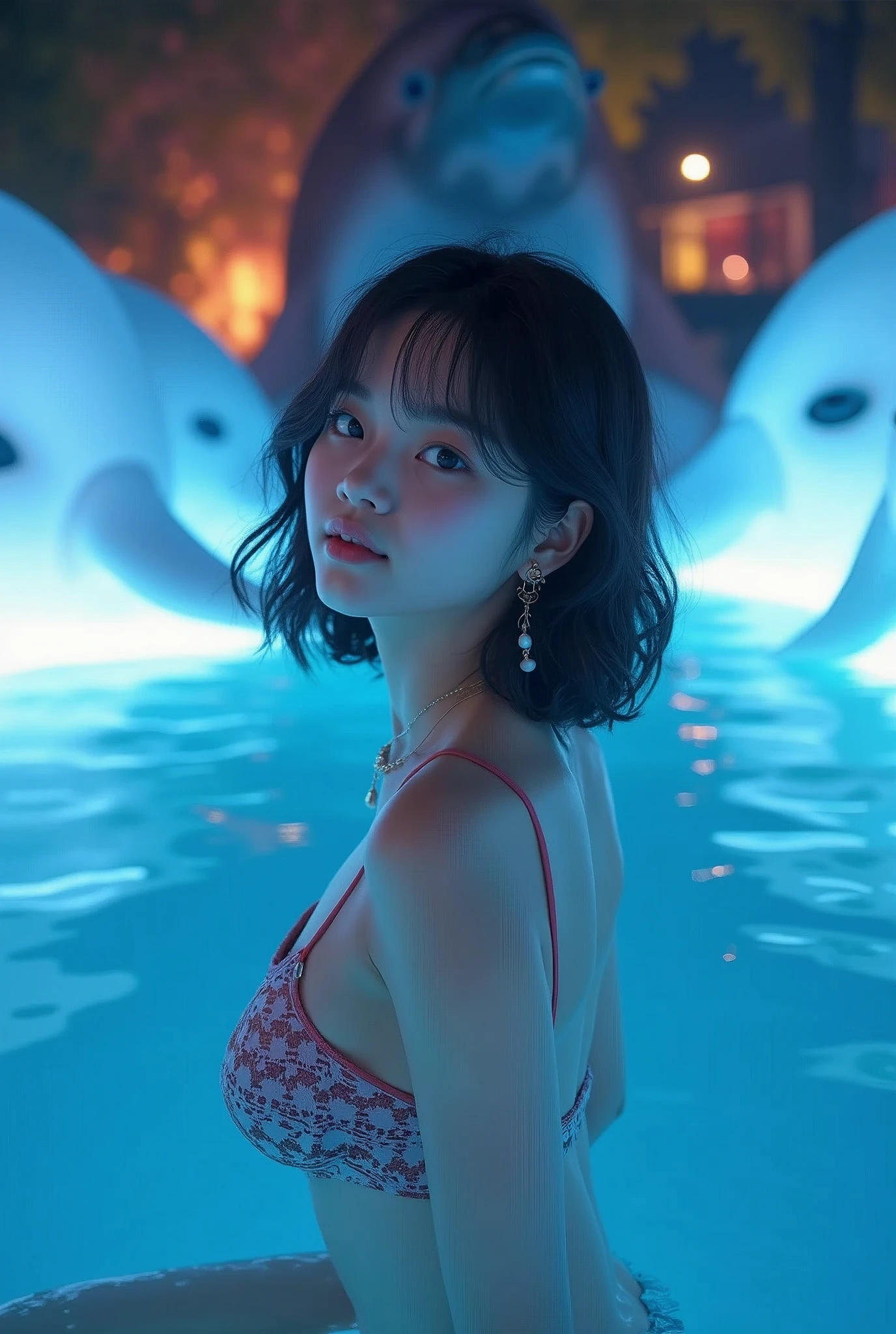 ultra HD,32k,close-up face,surrounded by glowing huge dolphins, night,pool,RAW photo,ultra realistic photo,beautiful Japanese idol,kawaii,vivid, grow, 16yo,big eyes,detailed skin,clavicle,wavy and medium hair,detailed bikini with geometrc print,floating in pool,necklace,earrings,detailed shadow,gravure,wistful smile, looking back,colorful lighting