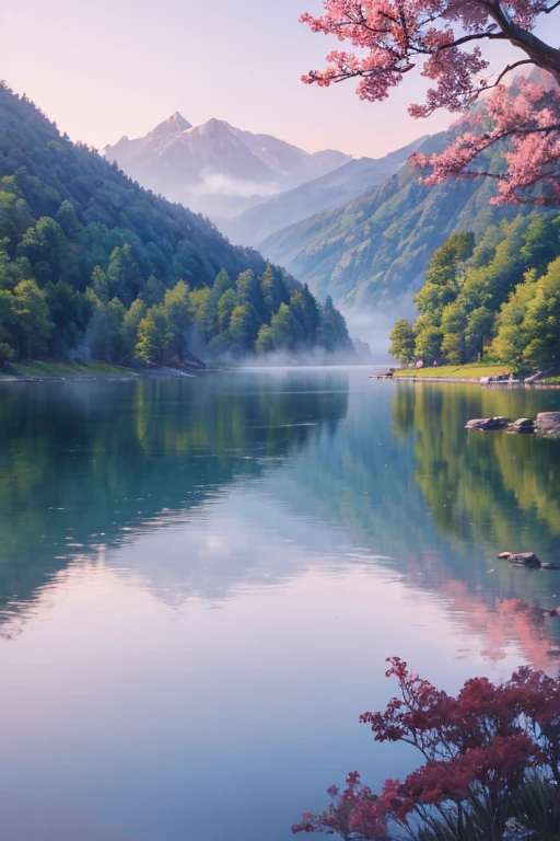 Highest quality、Landscape painting、Tranquil lakeside scenery、Foggy、dim