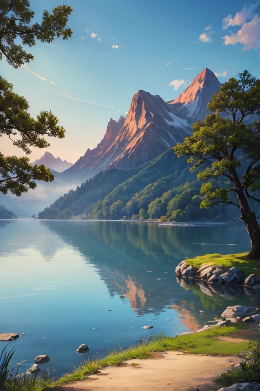 Highest quality、Landscape painting、Tranquil lakeside scenery、Foggy、dim