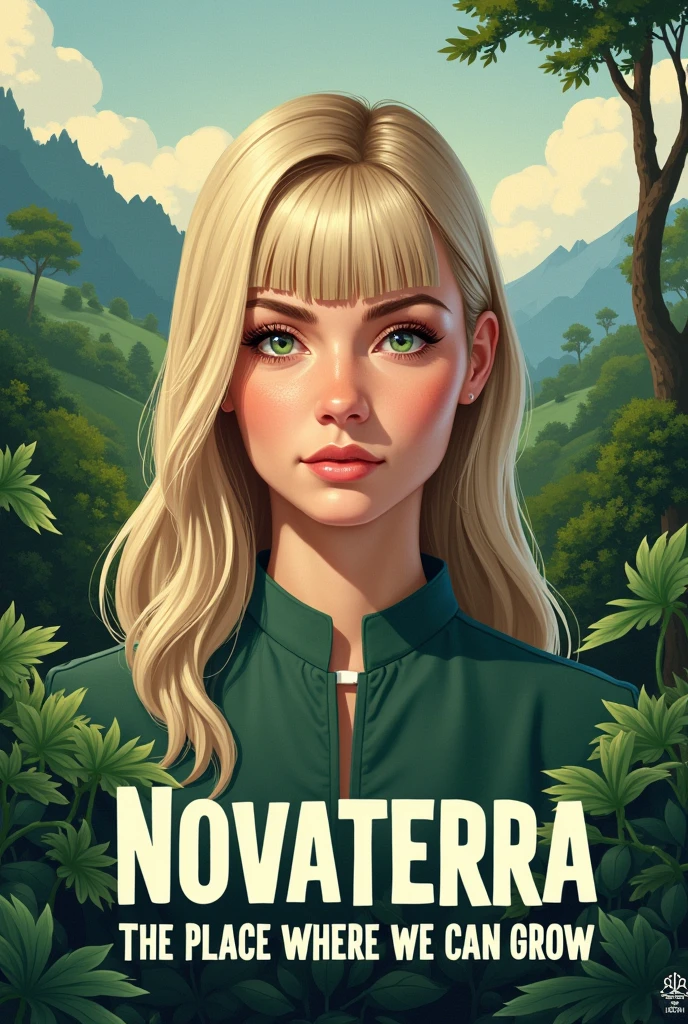 Create a propaganda poster,for the micronation ruled by supreme leader hanri botha,a white girl with light hair and bangs with green eyes,she must look realistic
The micronations name is Novaterra,poster must be inspired by nature
Hanri Bothas name should be present on the poster,aswelll as the Name NOVATERRA
THE PLACE WHERE WE CAN GROW,should also be on poster