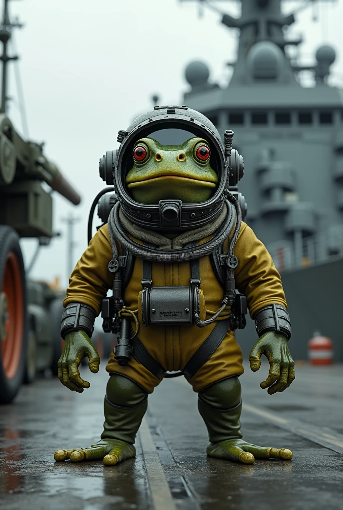 Grenouille en tenue de plongeur sur un bateau militaire
