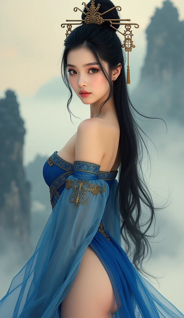 best quality,highres,realistic,photography,beautiful details,Volumetric lighting,xiju,1 girl,solo,black hair,hair ornament,makeup,long hair,chinese clothes,(bule clothes:1.4),(golden decorative lines:1.2),looking at viewer,cowboy shot,large breasts,sleeveless,off shoulder,short skirt,high fork,headdress,eyeshadow,The background is Chinese ink wash landscape painting,blur the background,