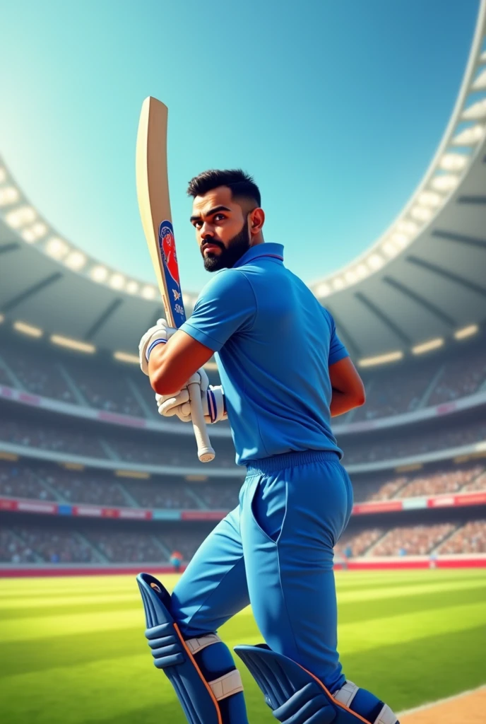 Generate an image of a virat kohli, athletic male cricket player. He should have a medium complexion with short black hair and a neatly trimmed beard. The player is wearing a plane skyblue jersey with no logo, holding a cricket bat, and standing on a cricket field with a stadium in the background. The scene should capture the intensity of a live match, with the player focused and ready to bat, under bright daylight, with a crowd of fans cheering in the background