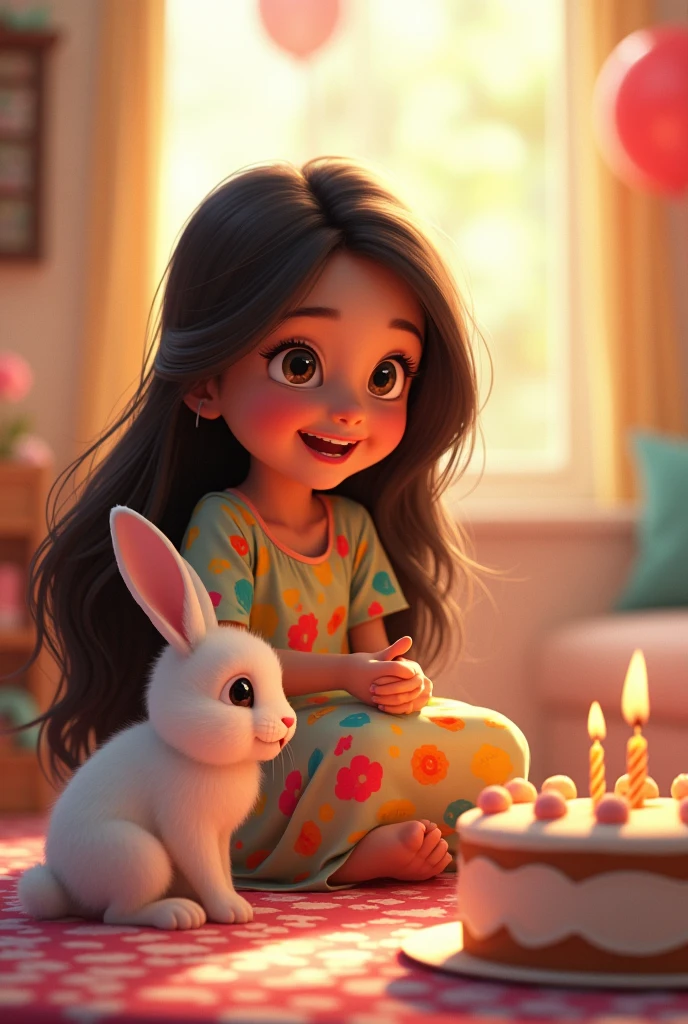 A girl having name shehla SABIR is happy and playing with rabbit and birthday cake