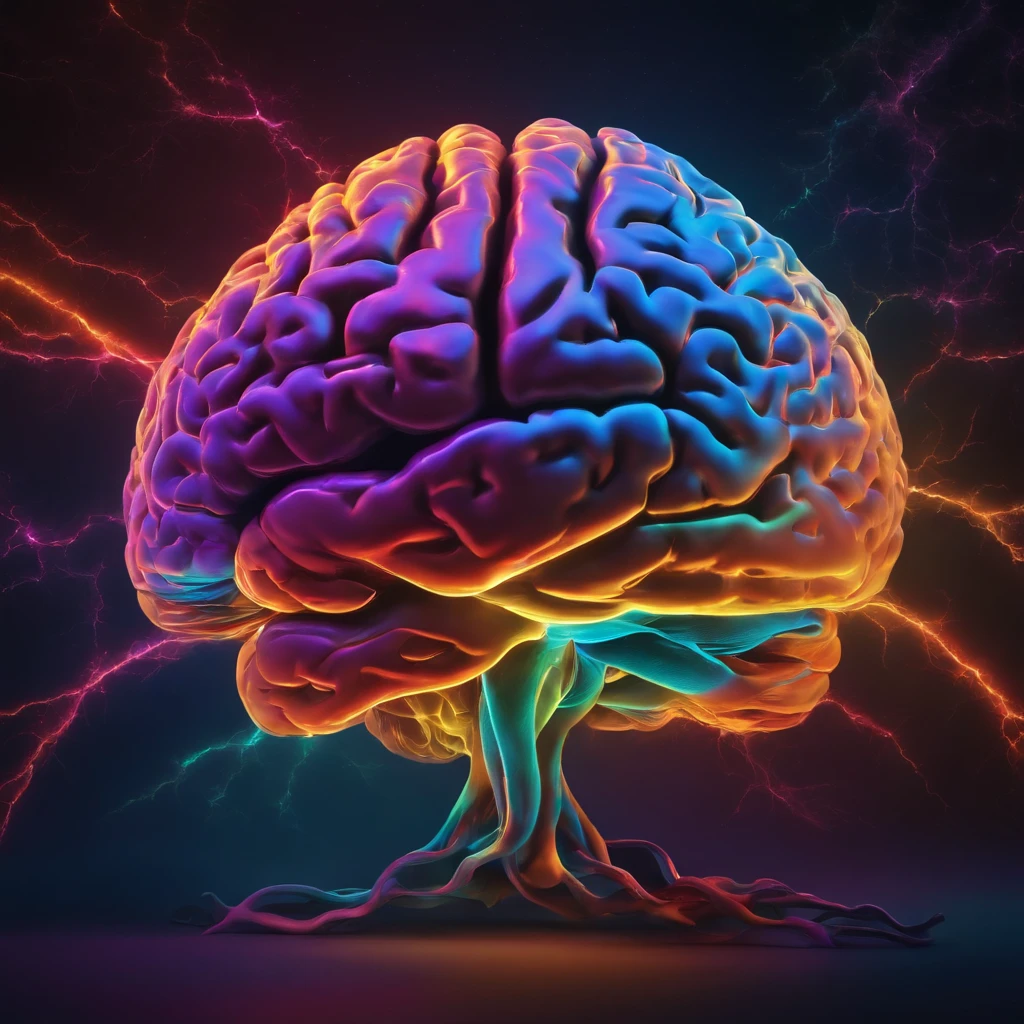 A bulging super brain, in different bright colors, in 8k, HD, 5d, close up, hi detail.