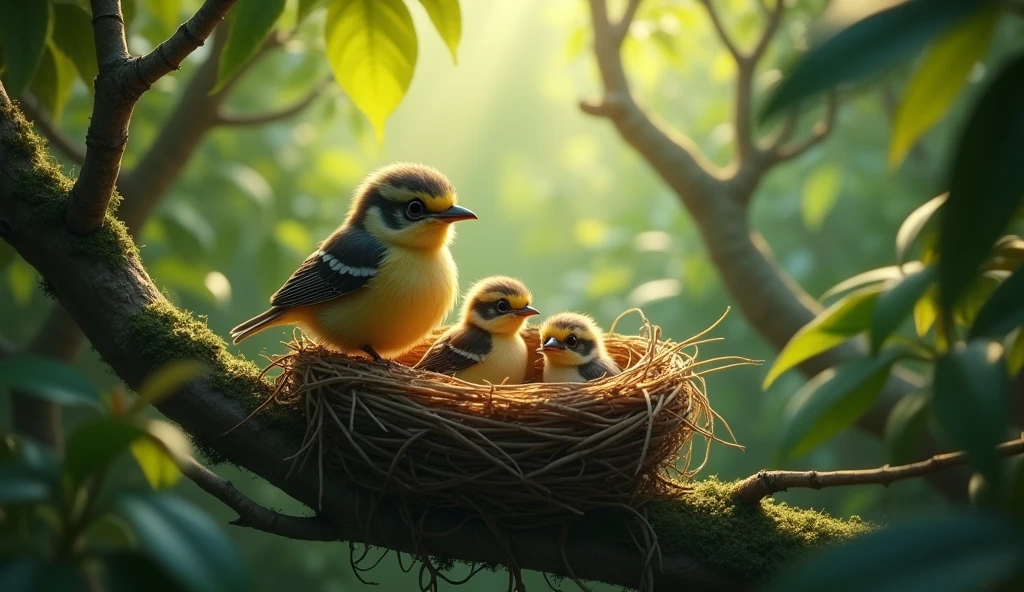 A detailed 4K image of a dense jungle with vibrant green foliage. In the foreground, a small, weathered bird's nest, somewhat broken and nestled among the branches of a tree. Inside the nest, a mother bird is perched protectively over her two small chicks, which are nestled close to her. The jungle environment is lush and rich, with dappled sunlight filtering through the dense canopy, casting a gentle glow on the scene. The overall mood should be tender and intimate, highlighting the nurturing bond between the mother bird and her chicks in their natural habitat.