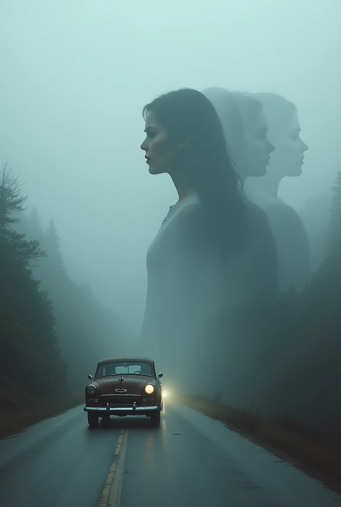 In the mountains in thick fog, a road, a median line, an old car, the weak light of headlights, multiple exposures of a sad female profile,