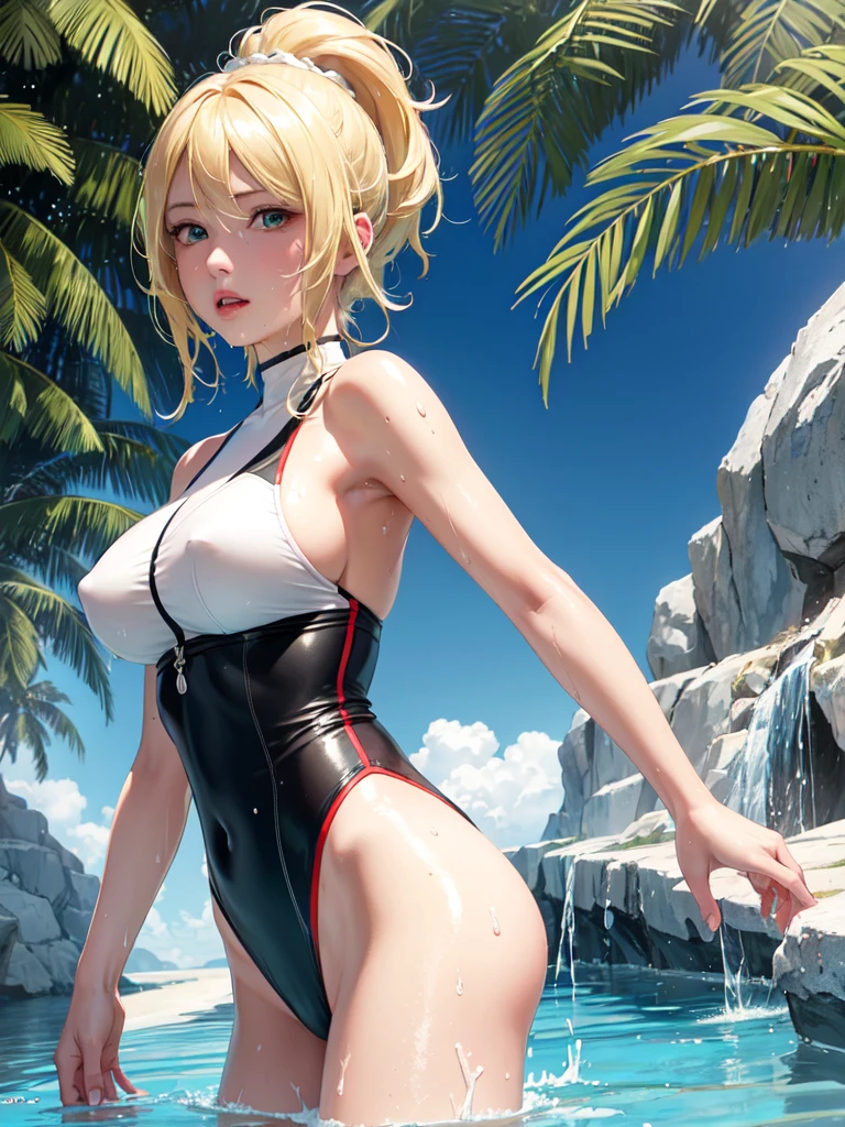 (Ultra extreme detailed),(Masterpiece),(Ultra extreme),(Realistic),CG,(color:1.2), Strong lighting,Light from behind,evaluation:Safety,One blonde, one alone., white,Blonde Short Hair,Length Hair,Green Eyes,white shrite,short_((whiteいビキニ)Swimwear))、Store pool background、((Soaking wet))ビキニSwimwear